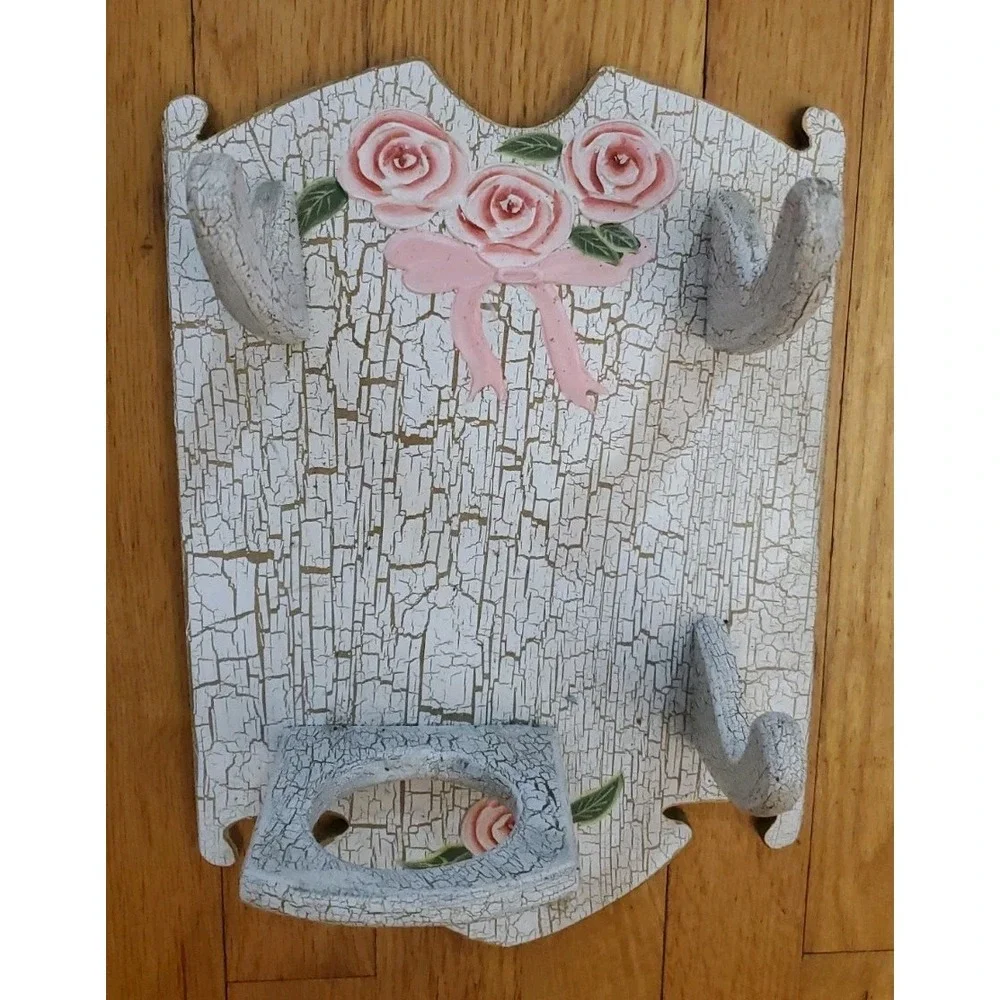 Vintage Shabby Chic Wood Wall Shelf Vanity Organizer Crackle‎ Paint Rose Ribbon
